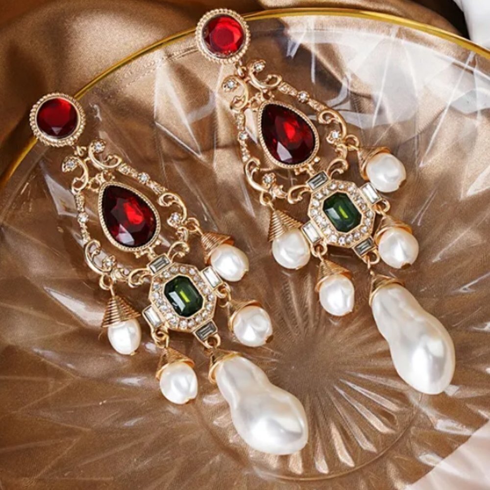 Victorian Earrings Baroque Renaissance Emerald Garnet Pearl Austrian Rococo Big